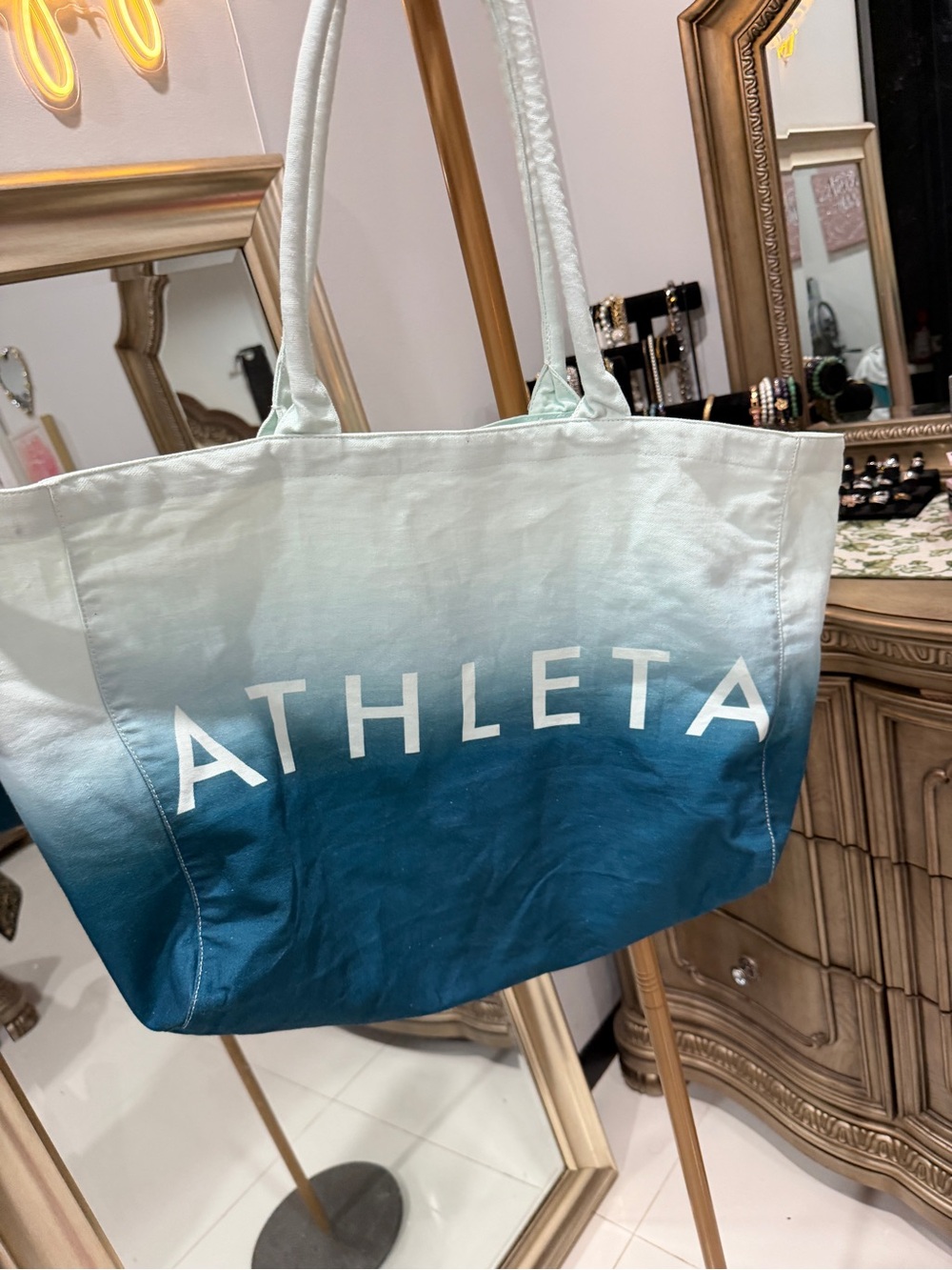 Athleta Teal to Light Blue Ombre Canvas Tote